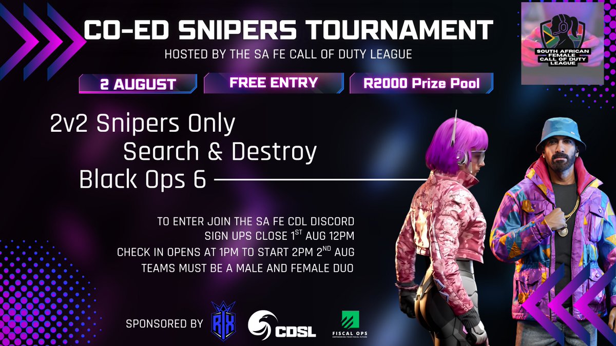 Revvix Esports (@revvix) on Twitter photo 🎯 LADIES! Grab your sniper duo! 🎯
The <a href="/FECoDZa/">FE CoDZa</a> is hosting a CO-ED Snipers CDL Tournament 🔫
📝 Sign up: challonge.com/tournaments/si…
💬 Join: discord.gg/csJnqBR9wN
Sponsored by:
<a href="/revvix/">Revvix Esports</a> <a href="/FiscalOps/">Fiscal Ops</a> & CDSL
#CallOfDuty #SniperOnly #WomenInGaming #Revvix #FiscalOps #cdsl 🎯 LADIES! Grab your sniper duo! 🎯
The <a href="/FECoDZa/">FE CoDZa</a> is hosting a CO-ED Snipers CDL Tournament 🔫
📝 Sign up: challonge.com/tournaments/si…
💬 Join: discord.gg/csJnqBR9wN
Sponsored by:
<a href="/revvix/">Revvix Esports</a> <a href="/FiscalOps/">Fiscal Ops</a> & CDSL
#CallOfDuty #SniperOnly #WomenInGaming #Revvix #FiscalOps #cdsl