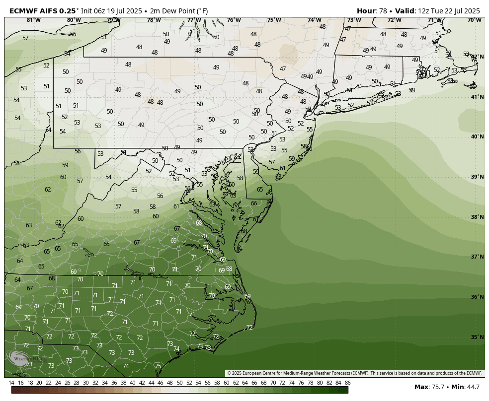 TonyPannWBAL's tweet image. In this warm, humid, wet weather pattern around Baltimore the temperature has not been below 70 for almost 2 weeks! The last was on July 6th (64 BWI). But after a little more rain and humidity this weekend, things will change early next week. We will see a nice break from the…