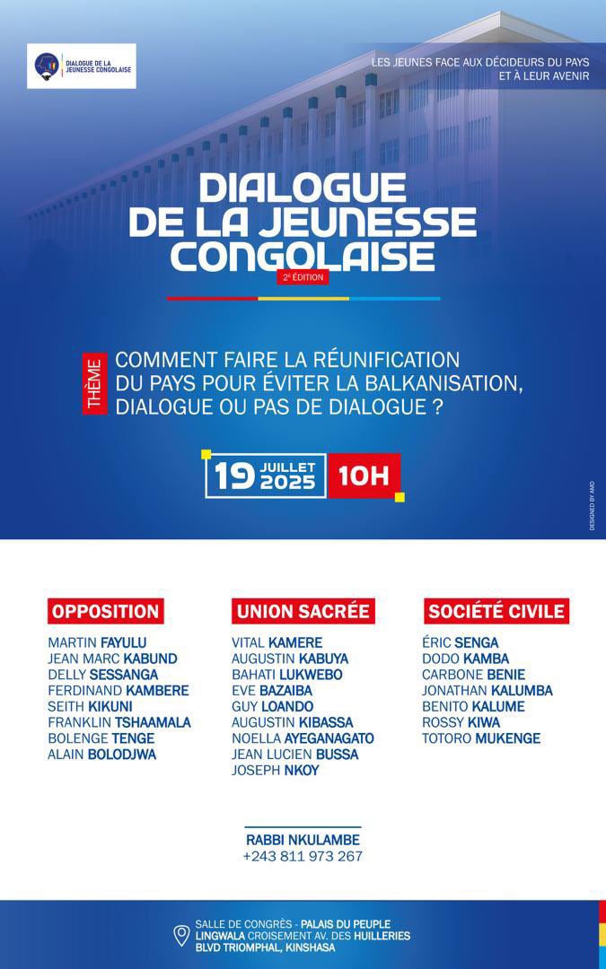 Jonathan Kalumba (@jkalumba49) on Twitter photo Dialogue de la jeunesse congolaise.
Comment faire la réunification du pays pour éviter la balkanisation.
Dialogue ou pas Dialogue ??
<a href="/RabbiNkulambe1/">Rabbi Nkulambe</a>
Nous y sommes pour porter la voix de la jeunesse congolaise.
JONATHAN KALUMBA
#LaRépublique 🇨🇩 Dialogue de la jeunesse congolaise.
Comment faire la réunification du pays pour éviter la balkanisation.
Dialogue ou pas Dialogue ??
<a href="/RabbiNkulambe1/">Rabbi Nkulambe</a>
Nous y sommes pour porter la voix de la jeunesse congolaise.
JONATHAN KALUMBA
#LaRépublique 🇨🇩