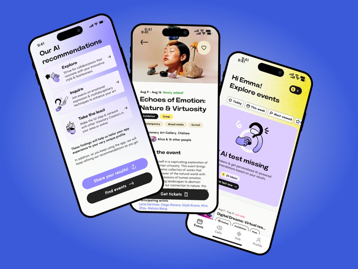 coder_dandriyal's tweet image. 🎨 Design that feels light, personal, and a little playful.
Developed a mobile UI for users to discover their type of creativity, and receive educational workshops and events based on personality.
Priorities:
- Soft gradients + gentle animations
- Friendly illustrations to…