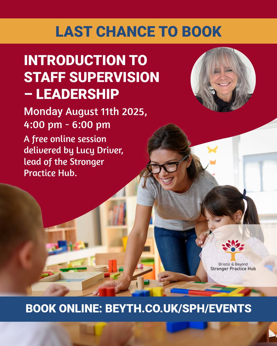 Bristol and Beyond Stronger Practice Hub (@bristol_ey_sph) on Twitter photo 🚨 LAST CHANCE TO BOOK: Introduction to Staff Supervision (Online, FREE)
Join Lucy Driver (SPH Lead):
✨ Supporting staff wellbeing & accountability
✨ Meeting EYFS statutory requirements
✨ Effective supervision strategies
eu1.hubs.ly/H0lRjb-0 
#Leadership #EarlyYears 🚨 LAST CHANCE TO BOOK: Introduction to Staff Supervision (Online, FREE)
Join Lucy Driver (SPH Lead):
✨ Supporting staff wellbeing & accountability
✨ Meeting EYFS statutory requirements
✨ Effective supervision strategies
eu1.hubs.ly/H0lRjb-0 
#Leadership #EarlyYears