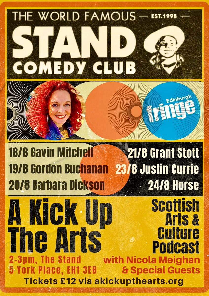 Nicola_Meighan's tweet image. Get A Kick Up The Arts at @edfringe! Talking life, the universe, everything - plus favorite Scottish LPs, films & books - with @GavsterNo1, @gordonjbuchanan, @BarbaraDickson, @GrantStottOnAir, Justin Currie & @horsemusic. Spend a summer lunchtime with us! thestand.co.uk/fringe/2482/a-β¦
