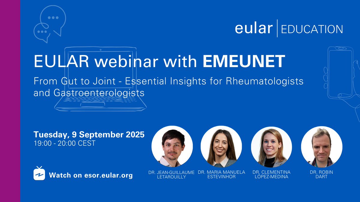 eular_org's tweet image. 🚀Join us on the EULAR - EMEUNET webinar: "From Gut to Joint - Essential Insights for Rheumatologists and Gastroenterologists".
🖥️Tuesday, 9 September 2025, 19:00 - 20:00 CEST
Register here: pulse.ly/mhnovuhkaz
#Rheumatology #IBD