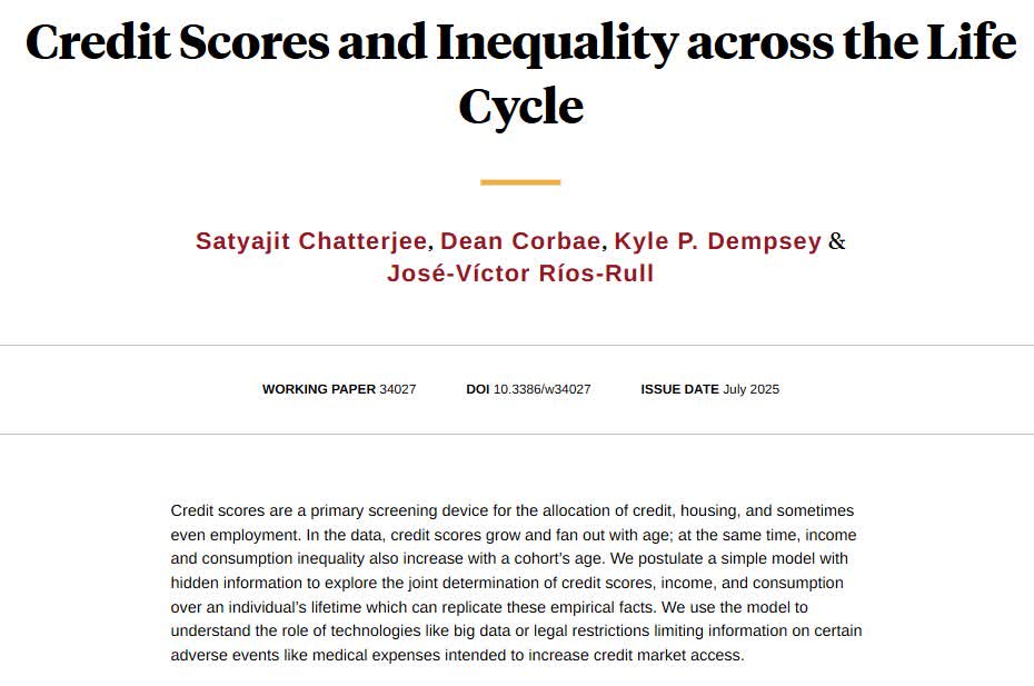 nberpubs's tweet image. Providing a quantitative theory of credit scores based on hidden information to understand their role in inequality over the life cycle, from Satyajit Chatterjee, Dean Corbae, Kyle P. Dempsey, and José-Víctor Ríos-Rull nber.org/papers/w34027
