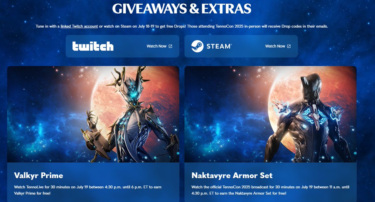 Warframe free Valkyr Prime and armor set today at Tennocon streams! Streaming on Twitch drops start 11 AM ET.