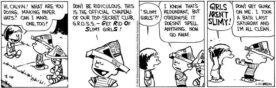 Calvinn_Hobbes's tweet image. Slimy girls? Susie’s not having it.
Calvin’s paper-hat club may need a rebrand…
#CalvinandHobbes #GirlsStrikeBack