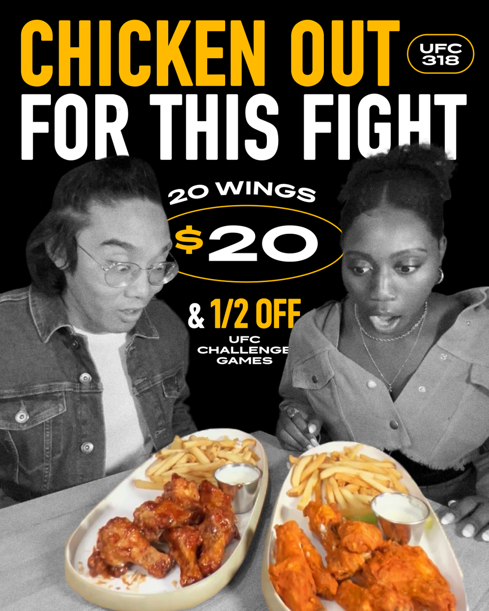 DaveandBusters's tweet image. Here’s a deal we won’t back down from. Watch UFC 318 with us and get 20 wings for $20.