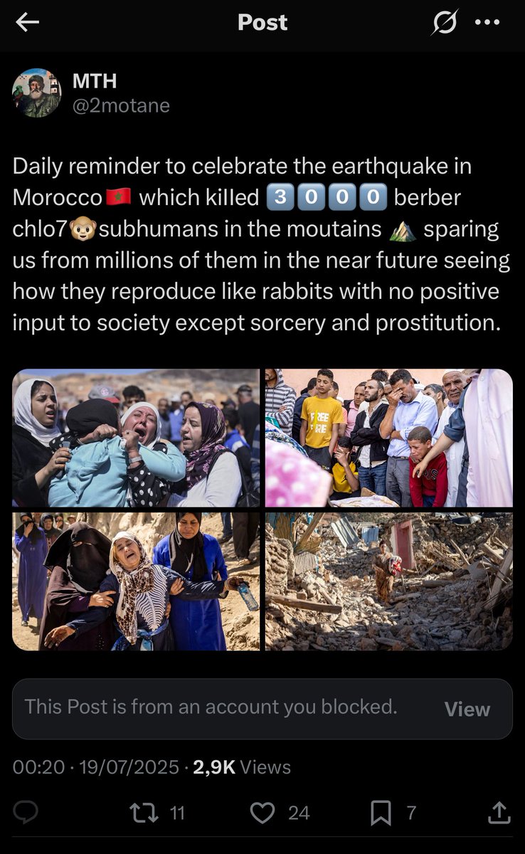 The real face of Moroccan 3robis who are calling for the celebration of the earthquake where 3000 Schleuhs were martyred.

Tamghrabit &amp; Moroccanist ideas are pure lies, as our ancestors always said “ a3rab urigi gmank ayashelhi ! ”

We will never associate with these subhumans
