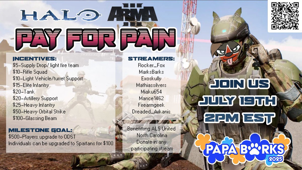 MathiasWolfen's tweet photo. @PapaBarksALS  annual ArmA 3 event is almost here in 5 hours!

Come enjoy this "Pay for Pain" event where you can either help us... or glass us to oblivion as we fight ALS an the Covenant!

Come see my side of things as an RTO at: https://t.co/fQmP6EaZJp https://t.co/TpbHMSwRSV