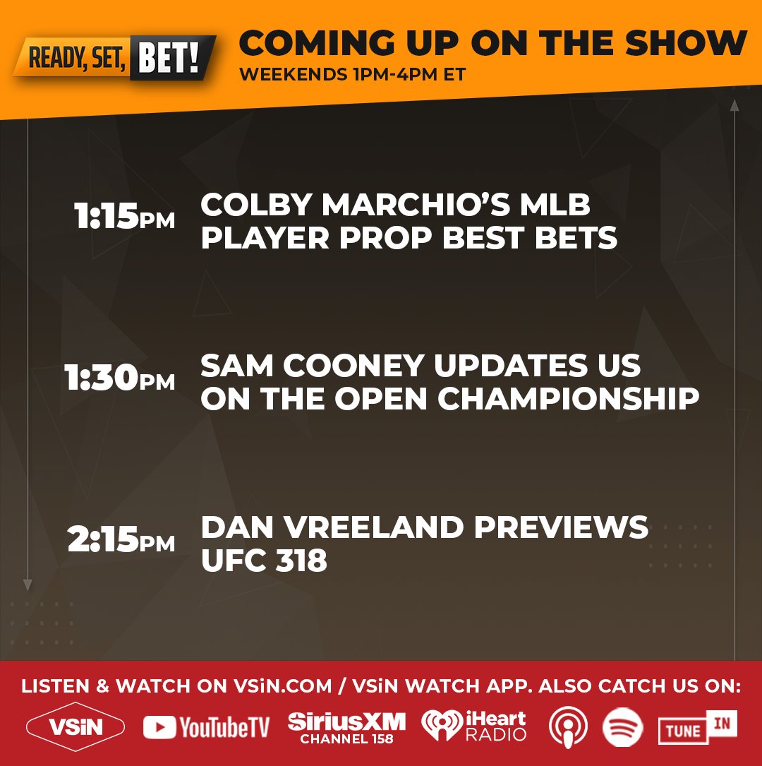 Today <a href="/Somobomb18/">Mike Somich</a> &amp; <a href="/racing_dudes/">Racing Dudes</a> will share their horse racing picks and bets for tonight's MLB slate. 

<a href="/ColbyMBets/">Colby Marchio</a> shares his MLB player props
<a href="/SCooney3/">Sam Cooney</a> will update us on The Open Championship
<a href="/GumbyVreeland/">Daniel Vreeland</a> previews UFC 318

Tune in: vsin.com/watch