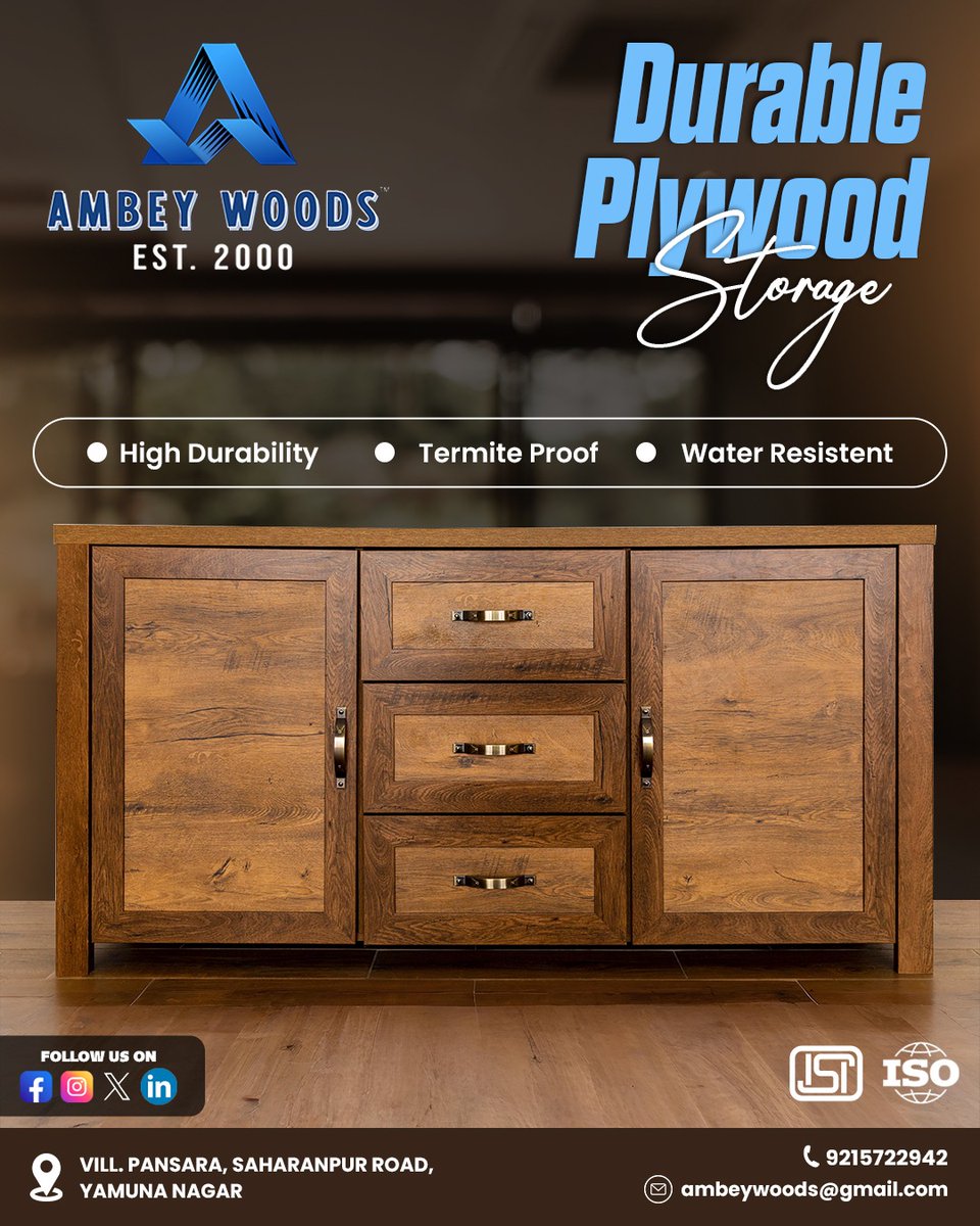 AmbeyWoods's tweet image. 🪵 Durability that speaks for itself.
Elevate your interiors with Ambey Woods’ Durable Plywood Storage – where strength meets style.
✨ High Durability
🛡️ Termite Proof
💧 Water Resistant
#AmbeyWoods #PlywoodThatLasts #DurableStorage #InteriorEssentials #YamunaNagar #PlywoodIndia