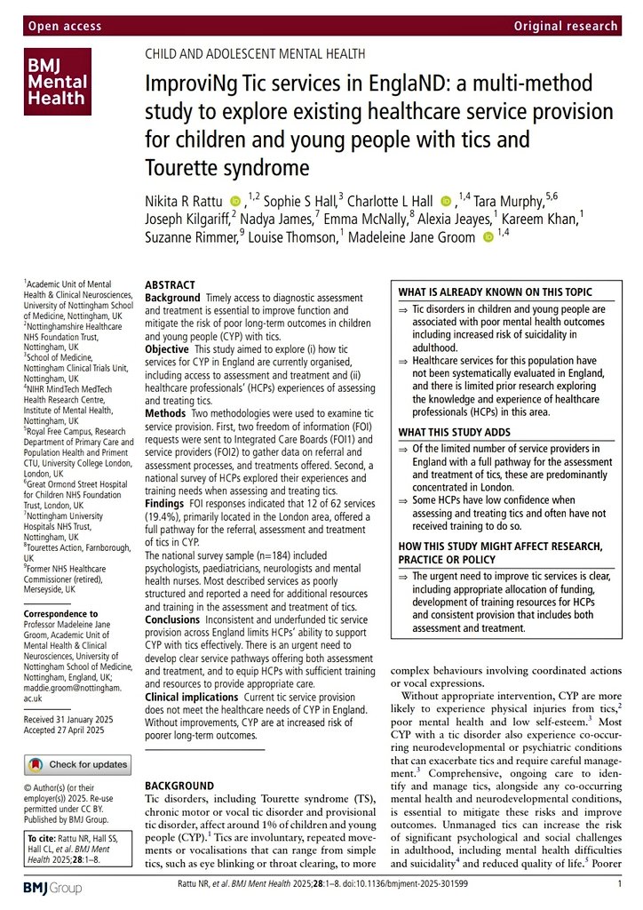 BMJ Mental Health (@bmjmentalhealth) on Twitter photo 🚨 A new study in <a href="/BMJMentalHealth/">BMJ Mental Health</a> highlights major gaps in #tic & #Tourette syndrome services for #children in #England.
Only 19% of areas offer full assessment & treatment pathways.
Urgent need for better training, funding & service access.
<a href="/ucl/">UCL</a> <a href="/UniofNottingham/">Uni of Nottingham #WeAreUoN</a> 🚨 A new study in <a href="/BMJMentalHealth/">BMJ Mental Health</a> highlights major gaps in #tic & #Tourette syndrome services for #children in #England.
Only 19% of areas offer full assessment & treatment pathways.
Urgent need for better training, funding & service access.
<a href="/ucl/">UCL</a> <a href="/UniofNottingham/">Uni of Nottingham #WeAreUoN</a>