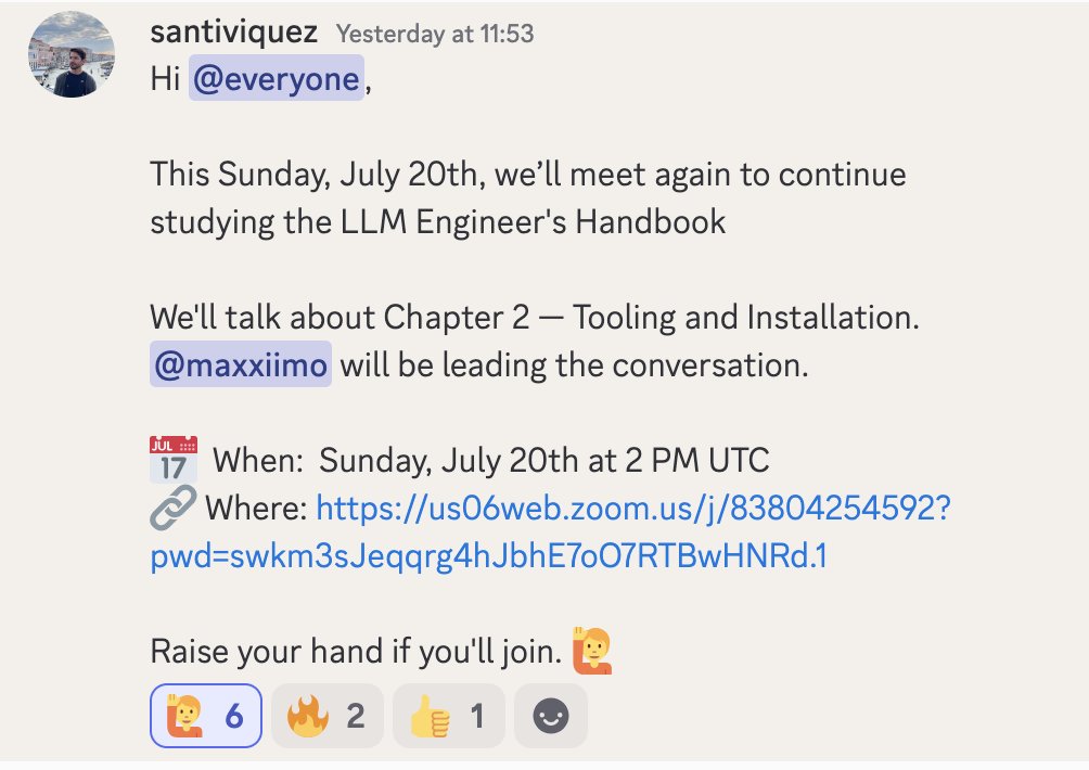 santiviquez's tweet image. AI from Scratch folks.
We’ll meet tomorrow, Sunday, at 2 PM UTC to continue studying the book: LLM Engineer's Handbook
We'll talk about Chapter 2: Tooling and Installation.
See you there!
Event link: discord.gg/vVmyV8y2?event…