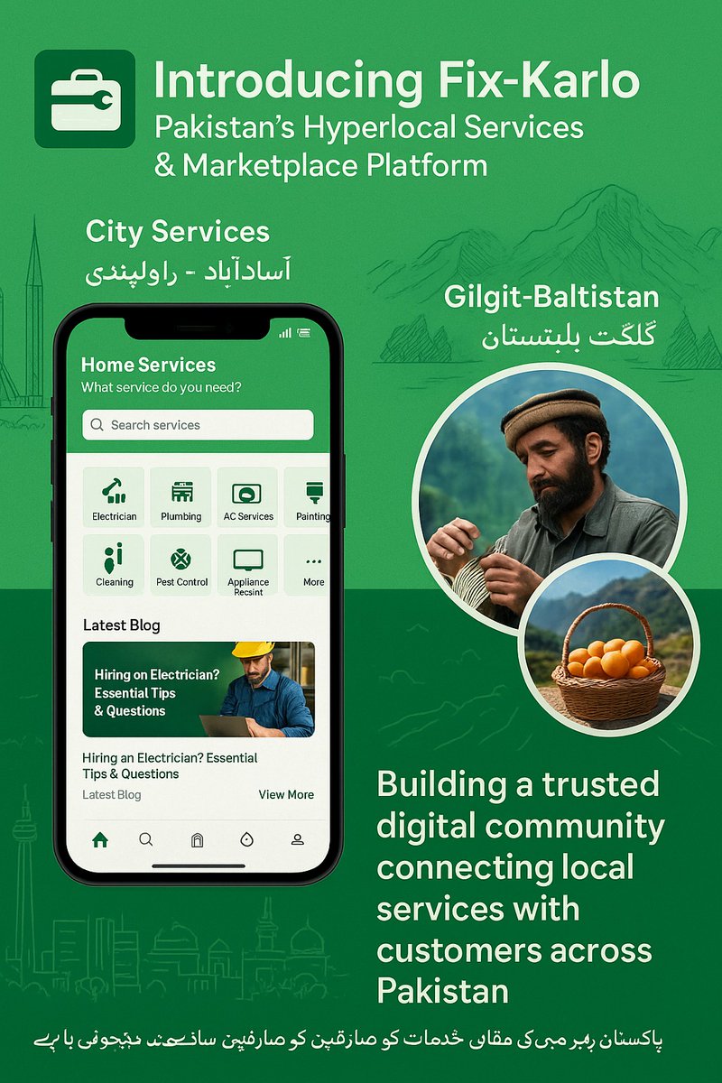 RKHasalivi's tweet photo. Introducing ,
FixKarlo β Pakistanβs Hyperlocal Services & Marketplace Platform
Letβs #FixPakistanTogether β starting with Fix-Karlo.
#Fixkarlo #Startup #Pakistan https://t.co/t42uDGl9XX