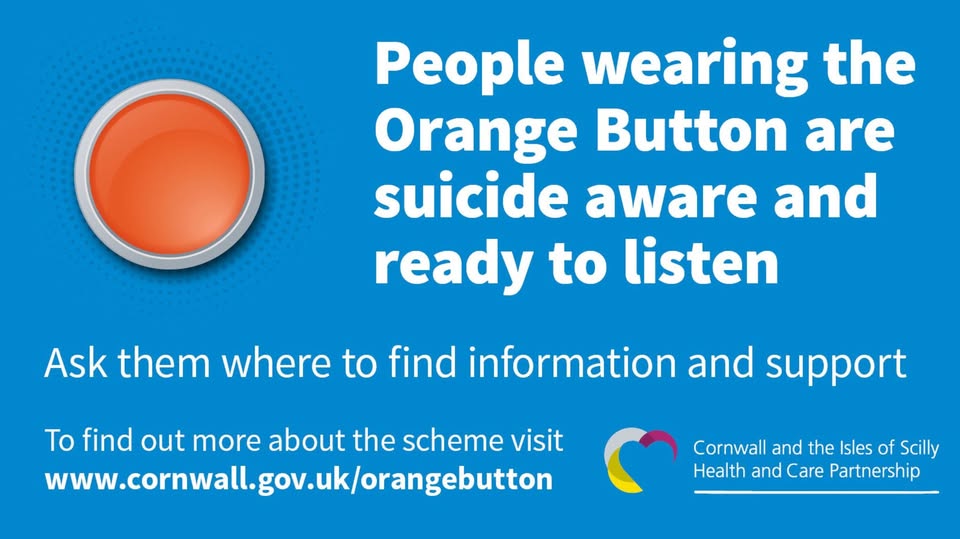 CornwallCouncil's tweet image. 🟠 Heard of the orange button scheme?
It’s been set up to help people who are having thoughts of suicide, or who are worried about a friend or family member.
If you see someone wearing an orange badge, they're trained to help.
More about the scheme 🔗 orlo.uk/Orange_Button_…