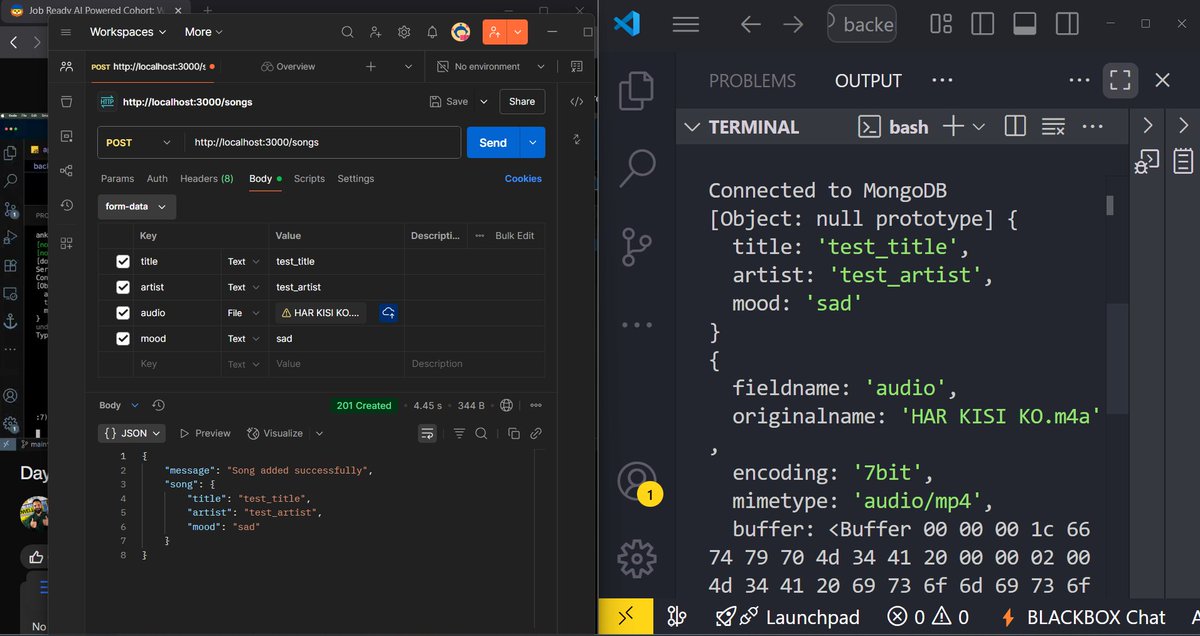 Pankajgour404's tweet photo. #Day10 #Class10
🎧 MODDY now understands emotions 🔥
🟢 File Upload ✅
🧠 Mood Detection ✅
🎵 Song Playback (based on mood) ✅

Thanks @ankurdotio  @sheryians_  for the backend guidance 🙌
#NodeJS #BackendDev #AI #MERN #MusicApp #MODDY https://t.co/wdJj3qNRMu