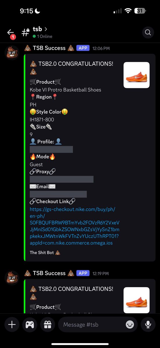 The_Shit_Bot's tweet image. Double-tap for @leo729_: TSB2 💩 snagged 2x Kobe VI Protro IH1871-800 (PH US9) in guest mode @12:06 &amp; 12:19! Cards maxed 🔒💳 Orange heat locked—flip season 🚀💸 #ShitBotMagic