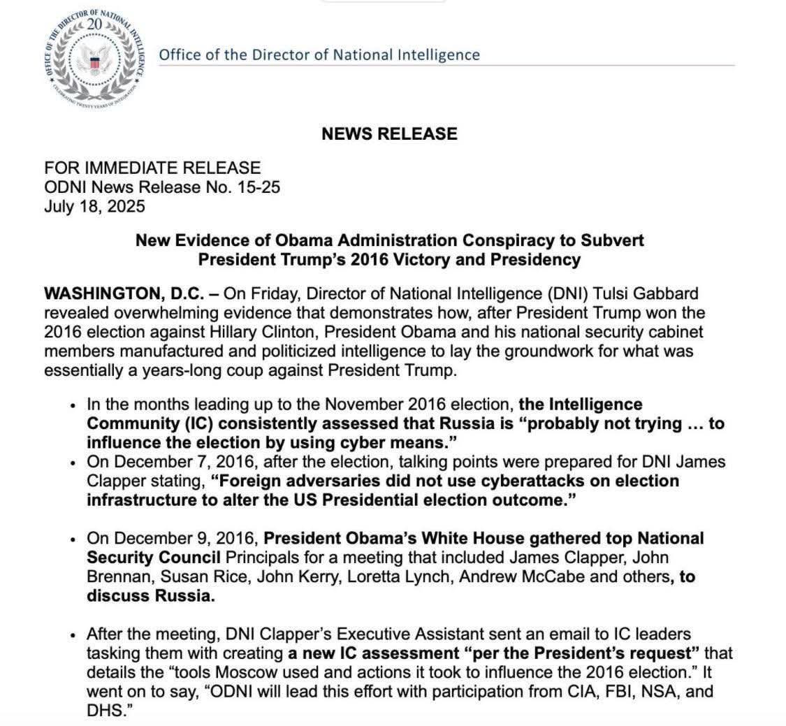 realRawPaul's tweet photo. This is surreal. Here in America, the Director of National Intelligence Tulsi Gabbard is now stating emphatically that a former President of the United States Barack Obama attempted a coup against the President of the United States, Donald Trump.

This is why Tulsi Gabbard was attacked so relentlessly over the past few weeks and months. They knew if there were anyone with the guts to investigate the attempted coup, it would be her.