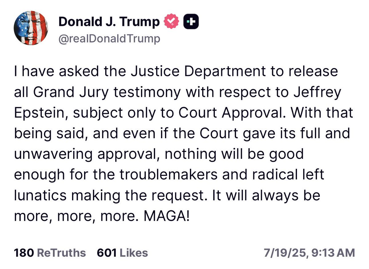 DC_Draino's tweet image. Trumps once again calls for Epstein Files testimony under grand jury seal to be released