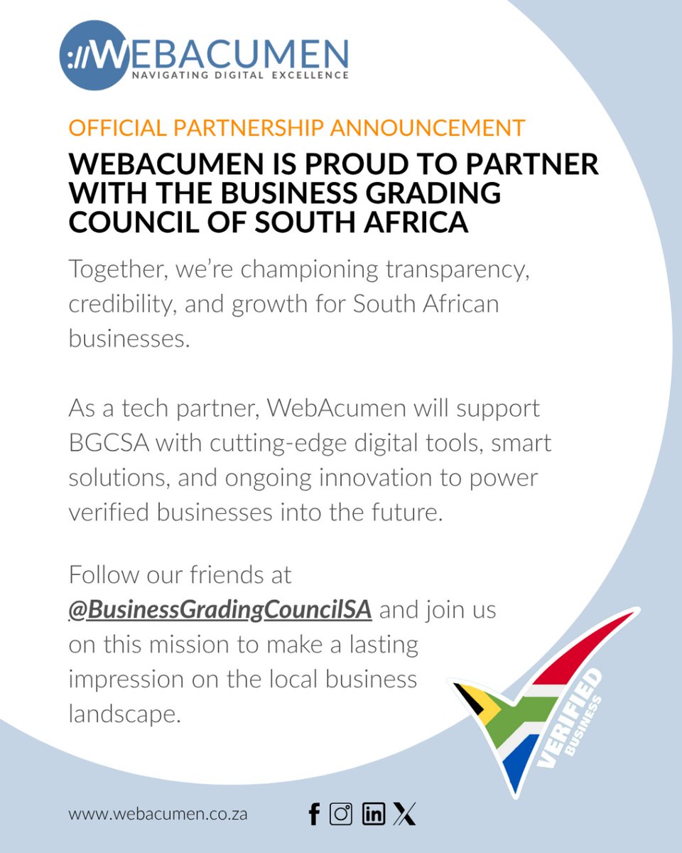WebAcumenZA's tweet photo. Official Partnership Announcement 🚀

WebAcumen is incredibly proud to announce our official partnership with The Business Grading Council of South Africa (BGCSA)!

#Partnership #WebAcumen #BGCSA #SupportLocalZA #BusinessGrowth #DigitalExcellence #SouthAfrica https://t.co/79TED84fqi