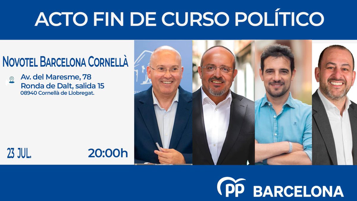 PP Barcelona (@ppbarcelona_) on Twitter photo Acto de fin de curso político en Cornellà con <a href="/Mtelladof/">Miguel Tellado</a>, <a href="/alejandroTGN/">Alejandro Fernández</a>, <a href="/manureyeslopez/">Manu Reyes</a> y <a href="/ManuelCasadoPP/">Manuel Casado</a>.
Cerramos curso con responsabilidad y visión de futuro. Acto de fin de curso político en Cornellà con <a href="/Mtelladof/">Miguel Tellado</a>, <a href="/alejandroTGN/">Alejandro Fernández</a>, <a href="/manureyeslopez/">Manu Reyes</a> y <a href="/ManuelCasadoPP/">Manuel Casado</a>.
Cerramos curso con responsabilidad y visión de futuro.