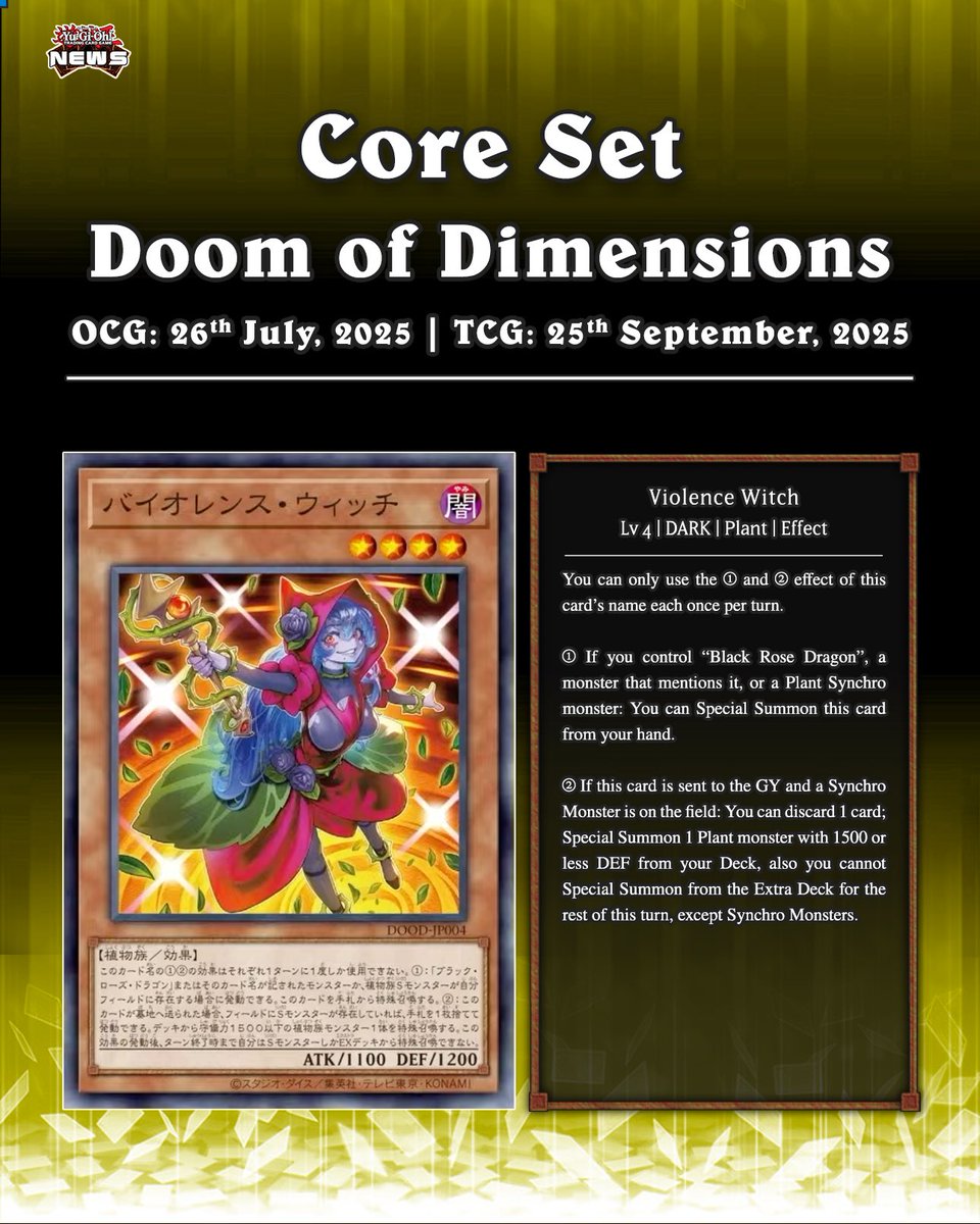 The upcoming core set, Doom of  Dimensions, is introducing new Black Rose Dragon support  Violence  Witch  Twilight Rose Black Knight  Bramble Rose Dragon  Hate Rose