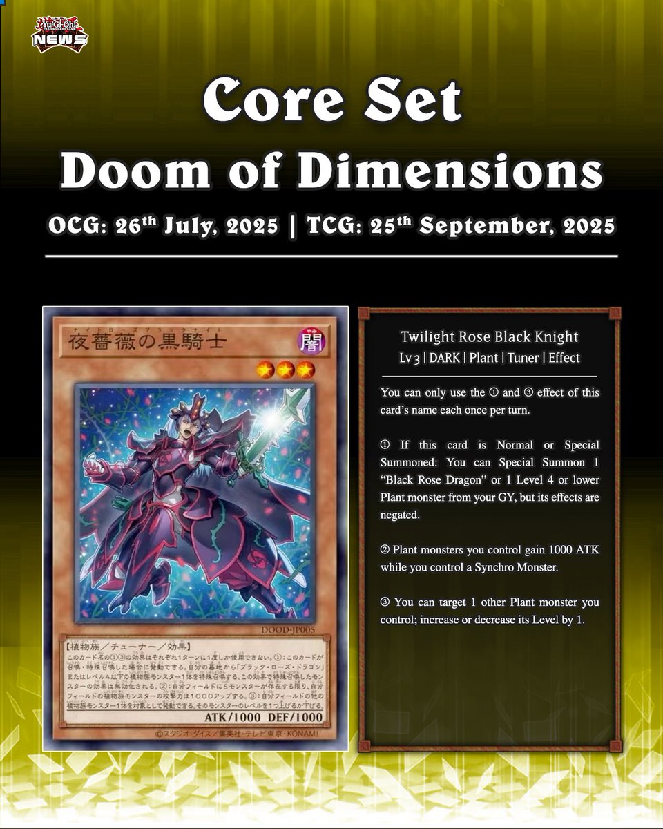 YuGiOhNewsTCG's tweet photo. ❰𝗗𝗼𝗼𝗺 𝗼𝗳 𝗗𝗶𝗺𝗲𝗻𝘀𝗶𝗼𝗻𝘀❱
The upcoming core set, Doom of Dimensions, is introducing new “Black Rose Dragon” support❗️🌹

🟧 Violence Witch
🟧 Twilight Rose Black Knight
⬜️ Bramble Rose Dragon
⬜️ Hate Rose Witch

Translation: YGOrganization
#遊戯王 #YuGiOh #유희왕 https://t.co/fkBZZ7e8f5