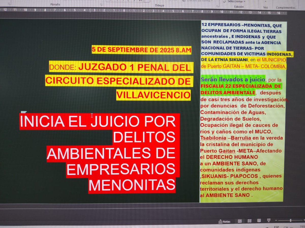 Ruralia Urbana (@ruraliaurbana) on Twitter photo <a href="/lamermeladanoti/">La Mermelada</a> <a href="/CastillMiguel/">Miguel Castillo M</a> <a href="/CORMACARENA/">Cormacarena</a> <a href="/JuanGZuluaga/">Juan Guillermo Zuluaga</a> <a href="/petrogustavo/">Gustavo Petro</a> <a href="/CarlosSantiagoL/">Carlos Andrés Santiago</a> <a href="/STransparencia/">Secretaría de Transparencia</a> <a href="/PCambioRadical/">Cambio Radical</a> <a href="/HENRYLADINO/">Henry Ladino</a> <a href="/SoyConfadicol/">Diputados Colombia</a> <a href="/RELE_CIDH/">Relatoría Especial p/la Libertad Expresión (CIDH)</a> <a href="/cancinodiegoa/">Diego Cancino</a> <a href="/GabrielParradoD/">Gabriel Parrado D.</a> <a href="/LigaNoSilencio/">La Liga Contra el Silencio</a> <a href="/NoticiasUno/">Noticias Uno</a> <a href="/CLIP_AmericaLat/">El CLIP</a> <a href="/ONIC_Colombia/">Organización Nacional Indígena de Colombia - ONIC</a> <a href="/PGN_COL/">Procuraduría General de la Nación</a> <a href="/AgenciaTierras/">Agencia Nacional de Tierras</a> <a href="/VoragineCo/">Vorágine</a> <a href="/FiscaliaCol/">Fiscalía Colombia</a> <a href="/AlcPuertoGaitan/">Alcaldía de Puerto Gaitán</a> <a href="/infopresidencia/">Presidencia Colombia 🇨🇴</a> <a href="/gobiernocol/">Gobierno de Colombia</a> <a href="/MinInterior/">MinInterior Colombia</a> <a href="/CristoBustos/">Juan Fernando Cristo</a> <a href="/GobMeta/">Gobernación del Meta</a> <a href="/RafaelaCortesZ/">Rafaela Gobernadora</a> <a href="/URestitucion/">Unidad de Restitución de Tierras</a> <a href="/GiovaniYule/">Giovani Yule</a> <a href="/ONU_derechos/">ONU Derechos Humanos - América del Sur</a> <a href="/altereddie/">¿Se lo explico con plastilina?</a> <a href="/NachoGomex/">Nacho Gómez</a> <a href="/IVANSERRANOAL/">Iván Serrano</a> <a href="/elespectador/">El Espectador</a> <a href="/OCCRP/">Organized Crime and Corruption Reporting Project</a> <a href="/susanamuhamad/">Susana Muhamad</a> <a href="/MinAmbienteCo/">MinAmbiente Colombia</a> <a href="/Fwb_Hv/">FWB</a> <a href="/MHPLlanero/">MesaHidricadelPiedemonteLlanero</a> <a href="/territobarrulia/">territorioindigena barruliapuertogaitan</a> <a href="/ReligionMenonit/">Los Menonitas</a> <a href="/cuestion_p/">Cuestión Pública</a> <a href="/DefensoriaCol/">Defensoría del Pueblo</a> <a href="/Corpoamazonia1/">Corpoamazonia</a> <a href="/CesarJerezM/">César Jerez</a> <a href="/DNP_Colombia/">dnp_colombia</a> <a href="/MinAgricultura/">Min. de Agricultura</a> <a href="/FENALCE/">FENALCE</a> <a href="/LenAmazonas/">Lena Estrada Añokazi</a> Con fecha 5 de septiembre de 2025, a partir de las 8am el Juzgado 1 Penal del Circuito Especializado de Villavicencio Meta, inicia el juicio por delitos ambientales de empresarios Menonitas que son señalados en otras instancias por Comunidad Indígena Barrulia, Etnia Sikuani, de <a href="/lamermeladanoti/">La Mermelada</a> <a href="/CastillMiguel/">Miguel Castillo M</a> <a href="/CORMACARENA/">Cormacarena</a> <a href="/JuanGZuluaga/">Juan Guillermo Zuluaga</a> <a href="/petrogustavo/">Gustavo Petro</a> <a href="/CarlosSantiagoL/">Carlos Andrés Santiago</a> <a href="/STransparencia/">Secretaría de Transparencia</a> <a href="/PCambioRadical/">Cambio Radical</a> <a href="/HENRYLADINO/">Henry Ladino</a> <a href="/SoyConfadicol/">Diputados Colombia</a> <a href="/RELE_CIDH/">Relatoría Especial p/la Libertad Expresión (CIDH)</a> <a href="/cancinodiegoa/">Diego Cancino</a> <a href="/GabrielParradoD/">Gabriel Parrado D.</a> <a href="/LigaNoSilencio/">La Liga Contra el Silencio</a> <a href="/NoticiasUno/">Noticias Uno</a> <a href="/CLIP_AmericaLat/">El CLIP</a> <a href="/ONIC_Colombia/">Organización Nacional Indígena de Colombia - ONIC</a> <a href="/PGN_COL/">Procuraduría General de la Nación</a> <a href="/AgenciaTierras/">Agencia Nacional de Tierras</a> <a href="/VoragineCo/">Vorágine</a> <a href="/FiscaliaCol/">Fiscalía Colombia</a> <a href="/AlcPuertoGaitan/">Alcaldía de Puerto Gaitán</a> <a href="/infopresidencia/">Presidencia Colombia 🇨🇴</a> <a href="/gobiernocol/">Gobierno de Colombia</a> <a href="/MinInterior/">MinInterior Colombia</a> <a href="/CristoBustos/">Juan Fernando Cristo</a> <a href="/GobMeta/">Gobernación del Meta</a> <a href="/RafaelaCortesZ/">Rafaela Gobernadora</a> <a href="/URestitucion/">Unidad de Restitución de Tierras</a> <a href="/GiovaniYule/">Giovani Yule</a> <a href="/ONU_derechos/">ONU Derechos Humanos - América del Sur</a> <a href="/altereddie/">¿Se lo explico con plastilina?</a> <a href="/NachoGomex/">Nacho Gómez</a> <a href="/IVANSERRANOAL/">Iván Serrano</a> <a href="/elespectador/">El Espectador</a> <a href="/OCCRP/">Organized Crime and Corruption Reporting Project</a> <a href="/susanamuhamad/">Susana Muhamad</a> <a href="/MinAmbienteCo/">MinAmbiente Colombia</a> <a href="/Fwb_Hv/">FWB</a> <a href="/MHPLlanero/">MesaHidricadelPiedemonteLlanero</a> <a href="/territobarrulia/">territorioindigena barruliapuertogaitan</a> <a href="/ReligionMenonit/">Los Menonitas</a> <a href="/cuestion_p/">Cuestión Pública</a> <a href="/DefensoriaCol/">Defensoría del Pueblo</a> <a href="/Corpoamazonia1/">Corpoamazonia</a> <a href="/CesarJerezM/">César Jerez</a> <a href="/DNP_Colombia/">dnp_colombia</a> <a href="/MinAgricultura/">Min. de Agricultura</a> <a href="/FENALCE/">FENALCE</a> <a href="/LenAmazonas/">Lena Estrada Añokazi</a> Con fecha 5 de septiembre de 2025, a partir de las 8am el Juzgado 1 Penal del Circuito Especializado de Villavicencio Meta, inicia el juicio por delitos ambientales de empresarios Menonitas que son señalados en otras instancias por Comunidad Indígena Barrulia, Etnia Sikuani, de