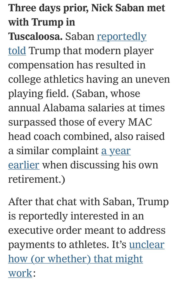 michaelharriot's tweet image. One time, I asked Nick Saban about Colin Kaepernick but he said he stays out of politics…
Except for ONE time, when he introduced Trump at a rally so he could talk to Trump about NIL
Now news reports say Trump is considering an executive order on NIL
Then, reports “leak” that…