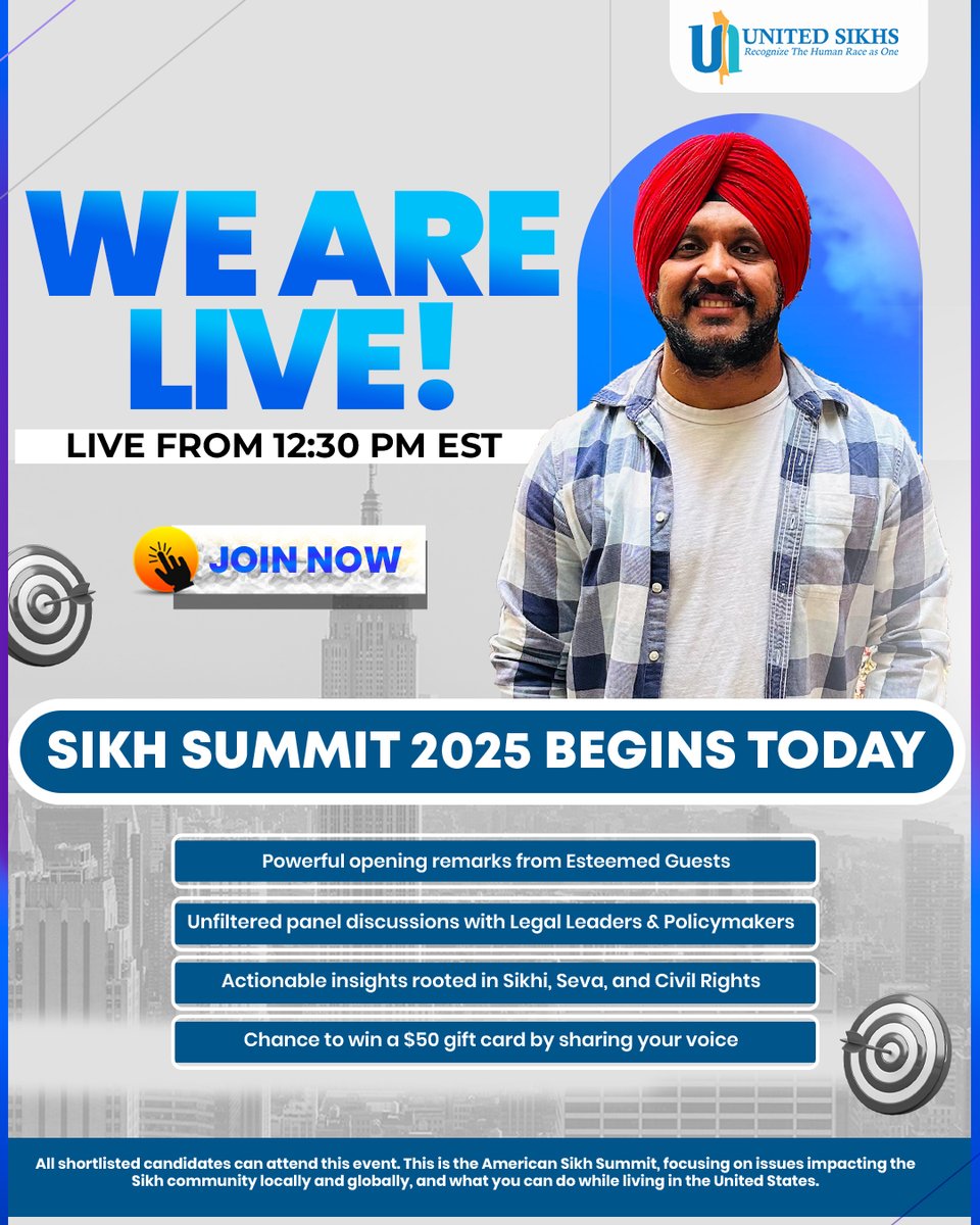 We Are Going LIVE @ 12:30 PM 

Sikh Summit 2025 begins today, and this is your chance to be part of something bigger than any one of us.

From bold discussions on civil rights and religious freedom to hearing from legal leaders and changemakers in U.S. Congress, we are bringing