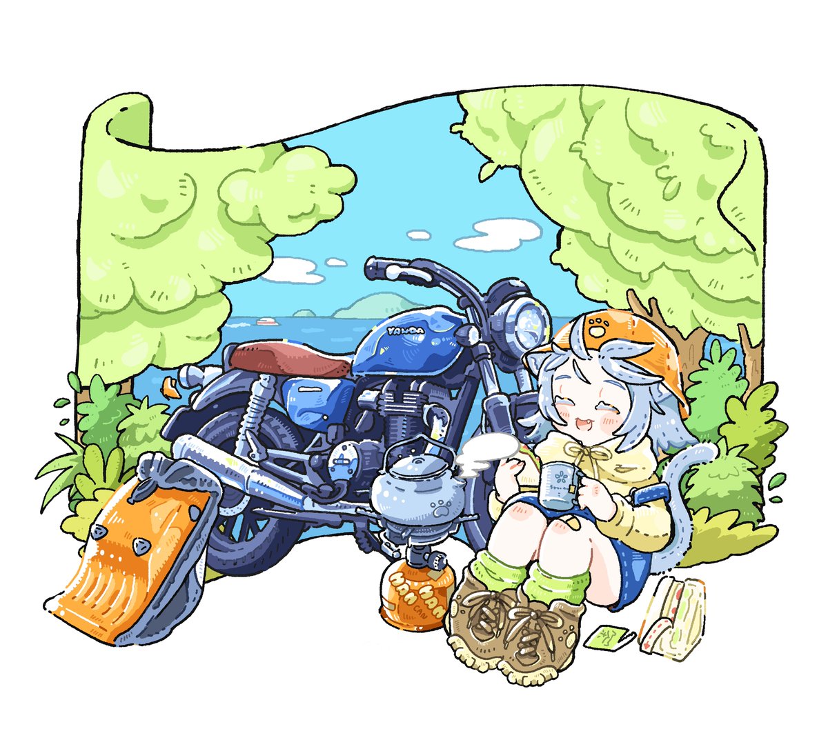 dokurinngos2's tweet image. 木陰でピクニック🧺
🐈「ここは涼しいね〜」

 #GB350