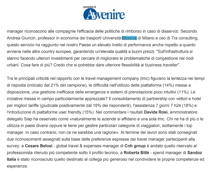 AndreaGiuricin's tweet image. Insieme ad una parte del board di @GlobalBTA | Italy siamo stati citati su @Avvenire_Nei sul settore del business travel.
Io mi sono occupato di #trasporto #ferroviario, mentre Davide Rosi per le TMC, mentre la presidente Roberta Billè e Cesare Belosi per i riconoscimenti…