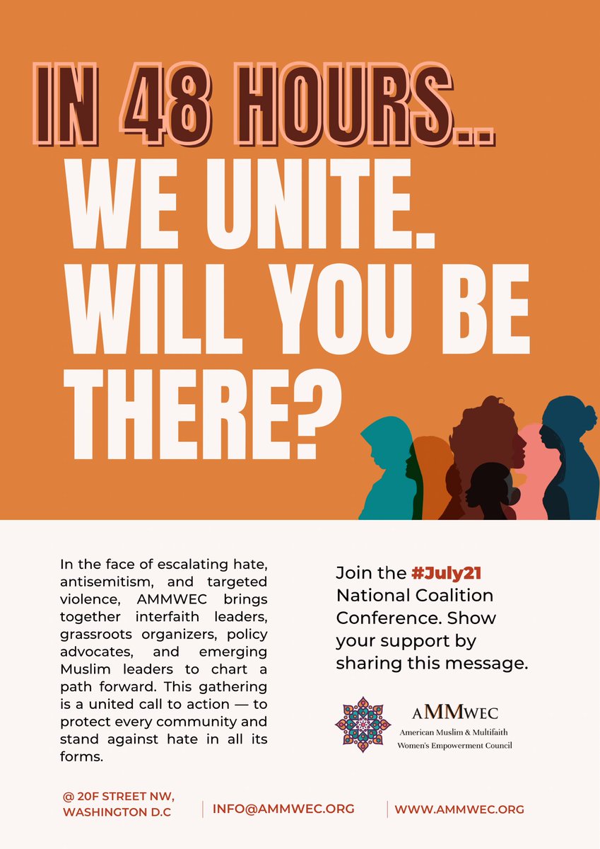 ammwecofficial's tweet image. In just 48 hours, we come together to rise against hate.
From interfaith leaders to grassroots voices, the #July21 AMMWEC National Coalition Conference is a united call to action.
Stand for justice. Stand for unity.
Will you be there?
#AMMWEC2025 #UniteForChange #EndHate…
