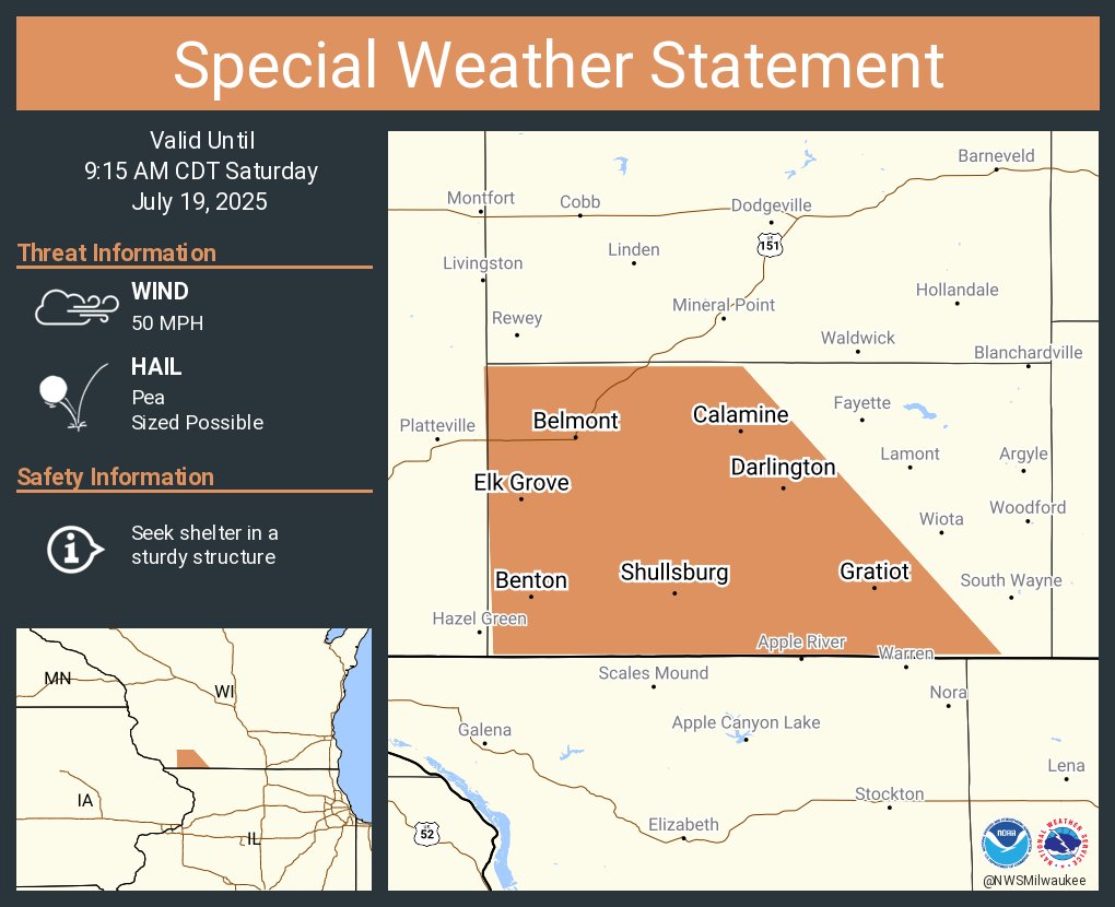 NWSMilwaukee's tweet image. A special weather statement has been issued for Darlington WI, Shullsburg WI and Belmont WI until 9:15 AM CDT