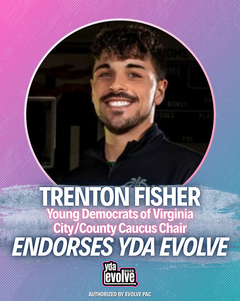 🎉ENDORSEMENT ALERT🎉
<a href="/VAYD/">Virginia Young Dems</a> City/Council Caucus Chair Trenton Fisher endorses YDA Evolve because Trenton knows that our team is ready to show up with YDA's full force to get Democrats elected in Virginia!

Thanks for your support, Trenton!