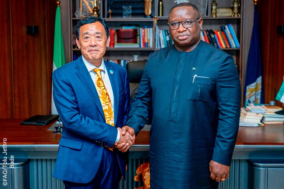 FAODG's tweet image. Honoured to meet HE President @Julius_Maadabio again. We discussed progress in our joint work. I reaffirmed @FAO’s support for developing sustainable value chains, creating green jobs, especially for rural women & youth, & transforming agrifood systems in Sierra Leone. #4Betters
