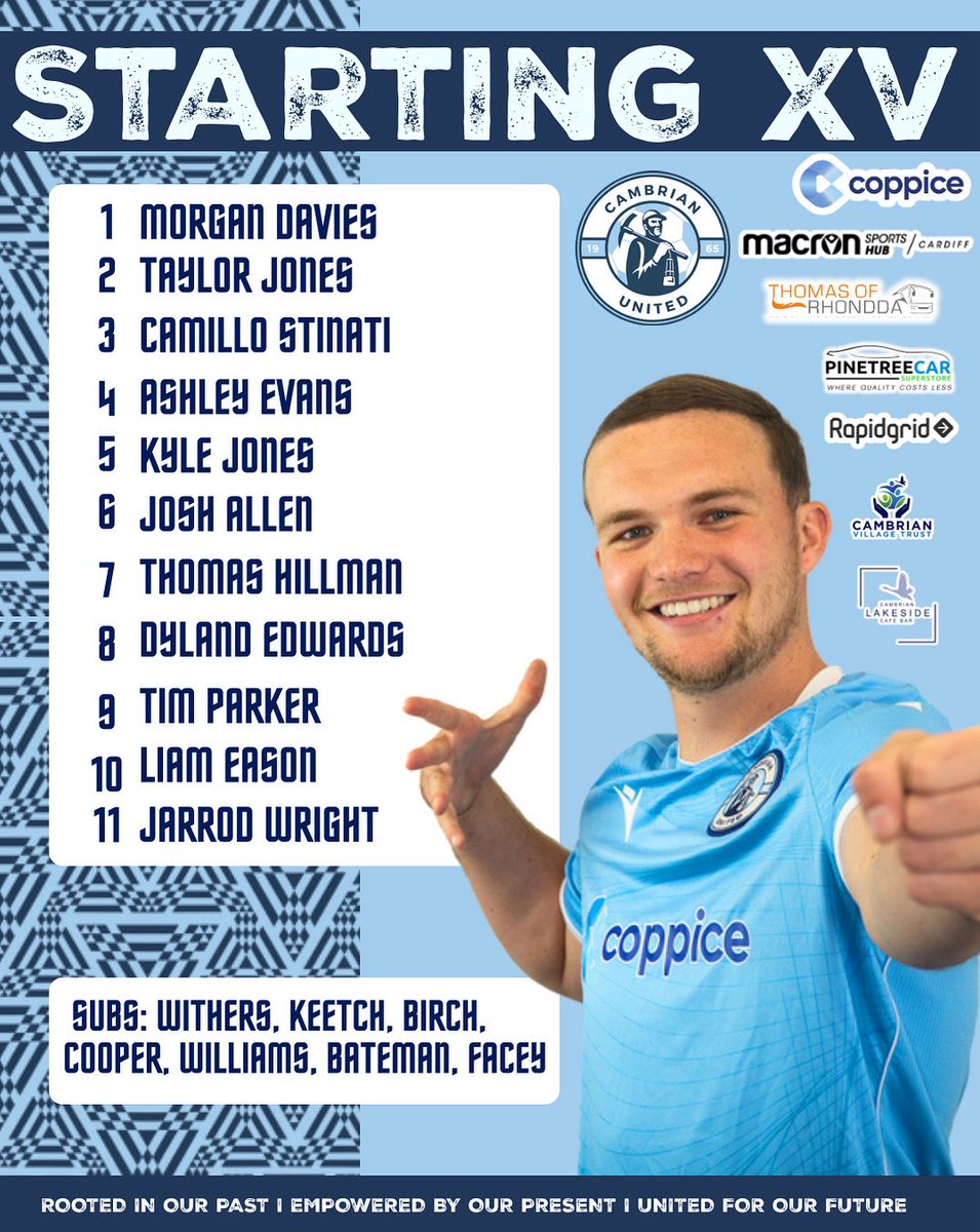 CamUtdMen's tweet photo. Match Day Ready, hereโs our starting 11 ๐๐ป๐ฅ
#cambrian #cambrianunited #camarmy #cupround #welshfootball #rhondda https://t.co/tZtCyN9t9s