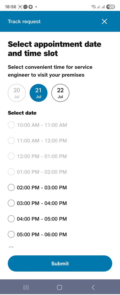akhil0918's tweet photo. @reliancejio @JioCare  hi 
I am complaining yesterday for jio fiber, my app showing visit today 3 to 4 but till time no visit and app showing reschedule appointment and date given range 21 July. What I will do please suggest https://t.co/bNJMyw3voP