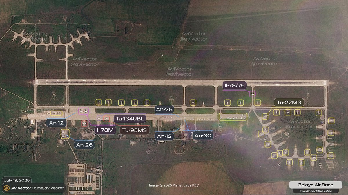 avivector's tweet image. 🔻Satellite images of 🇷🇺 Belaya Airbase as of July 19, 04:36 UTC
The airbase housed 2 Tu-95MS (Bear-H), 43 Tu-22M3 (Backfire-C), 2 Il-78M (Midas), 1 Il-76/78 (Candid/Midas), 2 An-12 (Cub), 3 An-26 (Curl), 3 An-30 (Clank), and 1 Tu-134UBL (Crusty-B).
Overnight, one Tu-95MS was…