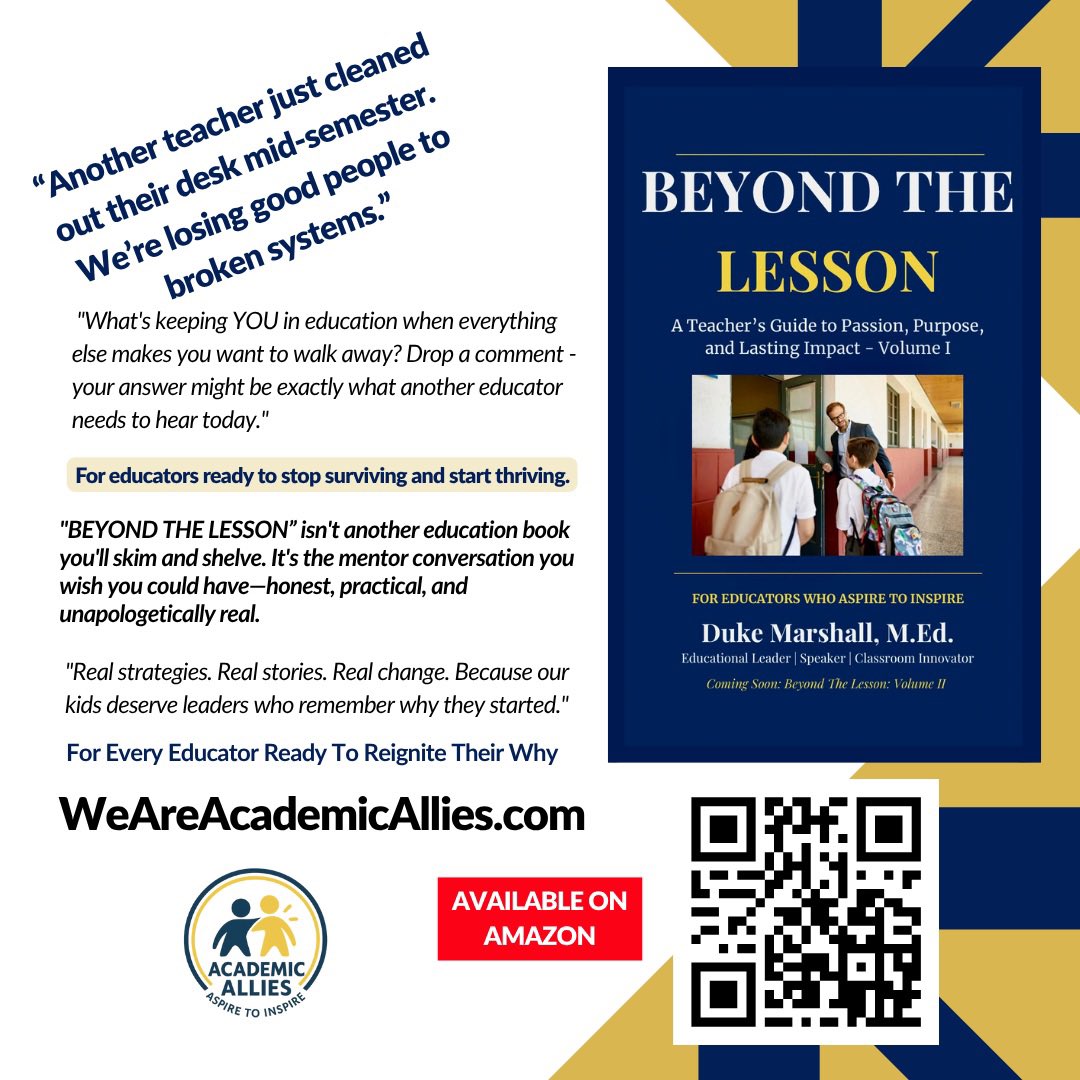 Mr_Marsha11's tweet image. Another teacher just walked out mid-semester. We’re losing good people to broken systems.

What’s keeping you in education?

💙 Preorder the eBook → $6.99
📘 Paperback drops 7/29
🔗 WeAreAcademicAllies.com
#BeyondTheLesson #TeacherSupport