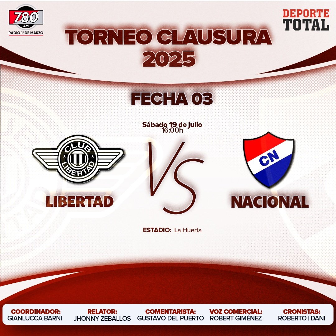 Deporte Total 📻⚽️🇵🇾 (@deportetotal780) on Twitter photo 🏆#Clausura2025
⚽️ Libertad vs Nacional
Previa: 15:00 h
Relatos: <a href="/JohnnyZeballos/">Johnny Zeballos</a>
Comentarios: <a href="/gusdelpuerto/">Gustavo Antonio del Puerto Rodríguez</a>
Móviles: <a href="/RobertoAyub/">Roberto Ayub</a>, <a href="/Danytroche/">Daniel Troche</a>
Coordinación: <a href="/GianluccaBarni/">Gianlucca Barni</a>
Voz comercial: Robert Giménez
🎧 Sintoniza: <a href="/780AM/">Radio 780 AM</a> 🏆#Clausura2025
⚽️ Libertad vs Nacional
Previa: 15:00 h
Relatos: <a href="/JohnnyZeballos/">Johnny Zeballos</a>
Comentarios: <a href="/gusdelpuerto/">Gustavo Antonio del Puerto Rodríguez</a>
Móviles: <a href="/RobertoAyub/">Roberto Ayub</a>, <a href="/Danytroche/">Daniel Troche</a>
Coordinación: <a href="/GianluccaBarni/">Gianlucca Barni</a>
Voz comercial: Robert Giménez
🎧 Sintoniza: <a href="/780AM/">Radio 780 AM</a>