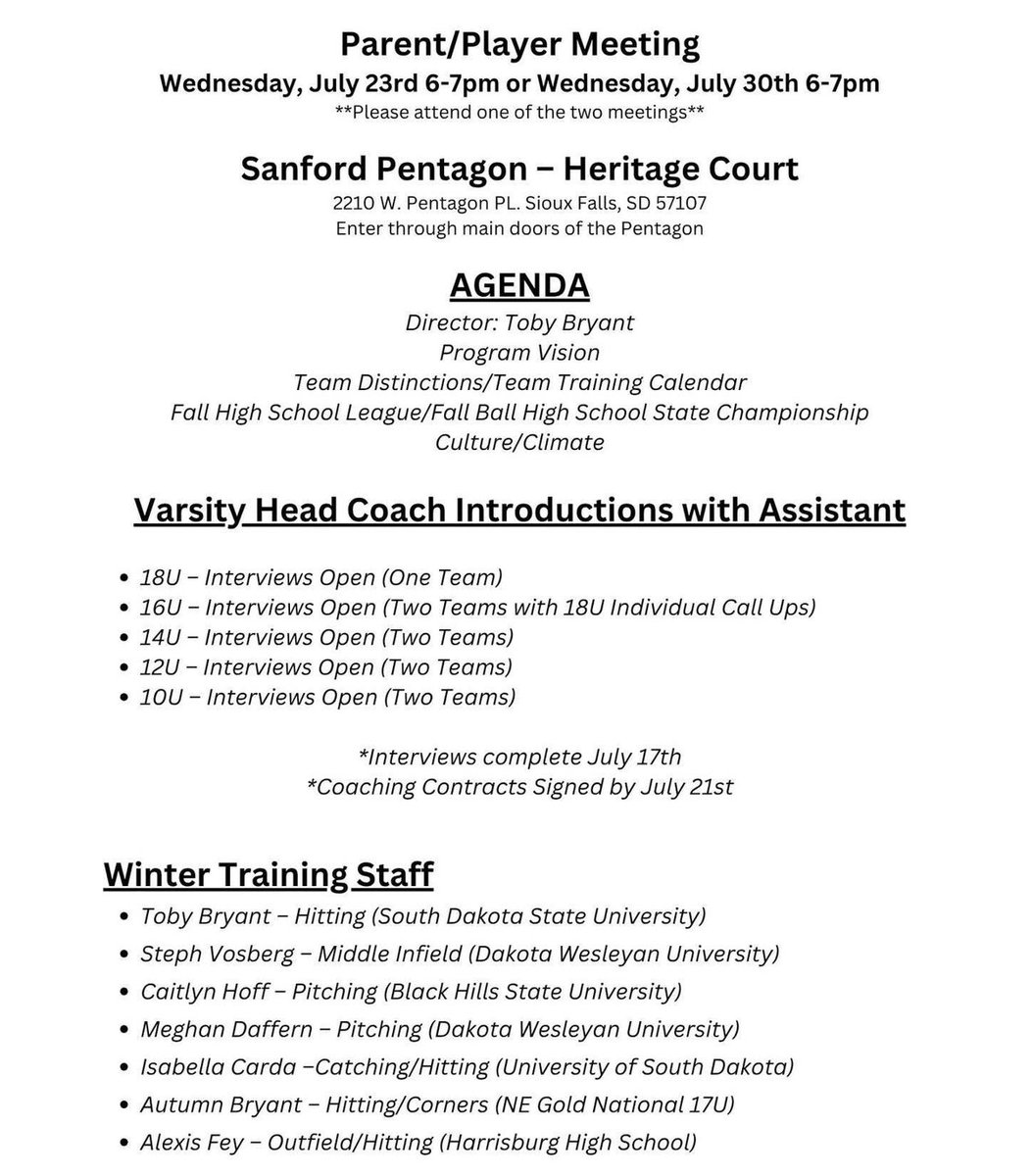 Parent/Player Partnership Meeting: July 23rd and July 30th. Meet Winter Training Staff and Head Coaches and Asst. Coaches <a href="/sanfordsports_/">Sanford Sports</a>