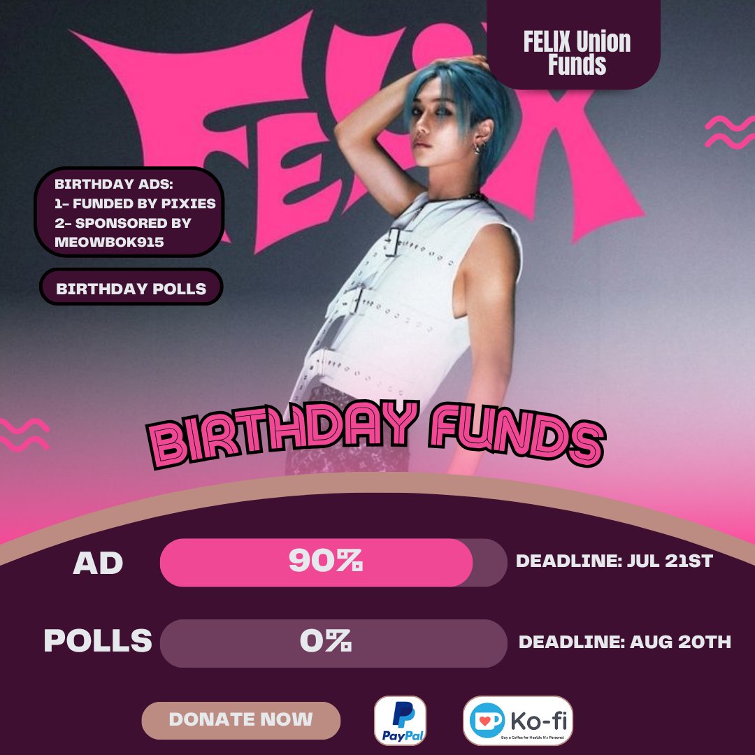 FELIXUnionFunds's tweet image. 🎁 #FELIX Birthday Funds
⌛️Birthday Ad: D-02🚨
🎯 $ 600 (90%)
⌛️Birthday Polls: D-32
🎯 $ 2500 (0%)
Paypal: paypal.com/paypalme/felix…
Ko-fi: ko-fi.com/felixunionfunds
Every contribution matters! Your support is always appreciated 🙏
#李龙馥 #필릭스 #フィリックス