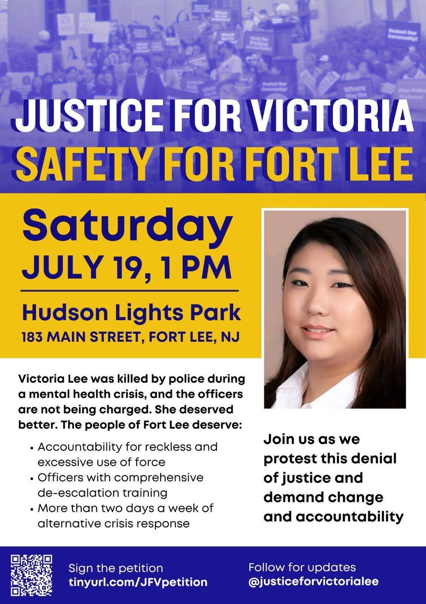 baba zayid muhammad (@zayidbaba) on Twitter photo Rally today in FT Lee for #VictoriaLee!
NJ AG declines to indict officers who killed her
Has yet to fund/implement Seabrooks Washington!
<a href="/StopAAPIHate/">Stop AAPI Hate</a>
<a href="/SandSJ_NJ/">Salvation and Social Justice</a>
<a href="/ACLUNJ/">ACLU of New Jersey</a>
<a href="/NJISJ2012/">NJISJ</a>
<a href="/FaithInNJ/">Faith In New Jersey</a> Rally today in FT Lee for #VictoriaLee!
NJ AG declines to indict officers who killed her
Has yet to fund/implement Seabrooks Washington!
<a href="/StopAAPIHate/">Stop AAPI Hate</a>
<a href="/SandSJ_NJ/">Salvation and Social Justice</a>
<a href="/ACLUNJ/">ACLU of New Jersey</a>
<a href="/NJISJ2012/">NJISJ</a>
<a href="/FaithInNJ/">Faith In New Jersey</a>