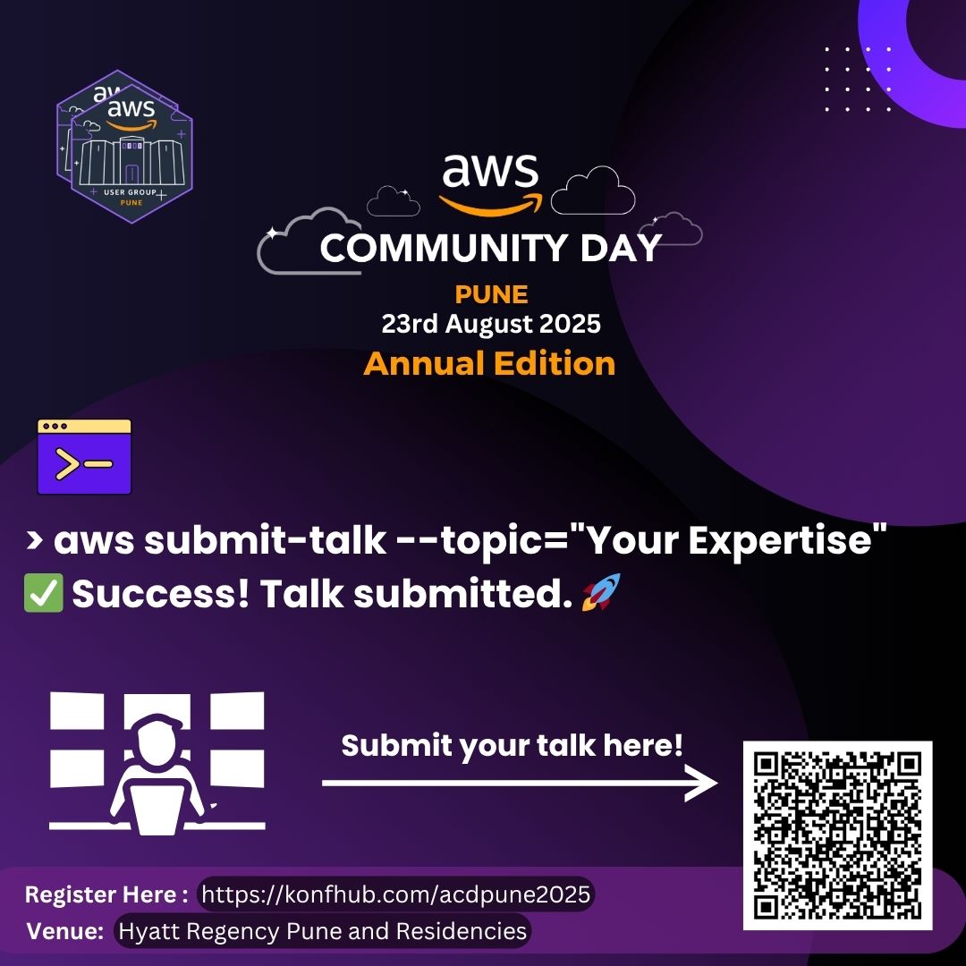 AWS User Group Pune (@awspune) on Twitter photo ๐ค ๐๐๐ฉ๐ฅ๐จ๐ฒ ๐๐จ๐ฎ๐ซ ๐๐ง๐จ๐ฐ๐ฅ๐๐๐ ๐ ๐ญ๐จ ๐ญ๐ก๐ ๐๐จ๐ฆ๐ฆ๐ฎ๐ง๐ข๐ญ๐ฒ!
aws submit-talk --topic="Your Expertise"
โ
Success! Talk Submitted. ๐
Apply now & make your mark -ย docs.google.com/forms/d/e/1FAIโฆ
#acdpune25 #awsugpune #awscommunityday #callforspeakers #awscloud ๐ค ๐๐๐ฉ๐ฅ๐จ๐ฒ ๐๐จ๐ฎ๐ซ ๐๐ง๐จ๐ฐ๐ฅ๐๐๐ ๐ ๐ญ๐จ ๐ญ๐ก๐ ๐๐จ๐ฆ๐ฆ๐ฎ๐ง๐ข๐ญ๐ฒ!
aws submit-talk --topic="Your Expertise"
โ
Success! Talk Submitted. ๐
Apply now & make your mark -ย docs.google.com/forms/d/e/1FAIโฆ
#acdpune25 #awsugpune #awscommunityday #callforspeakers #awscloud