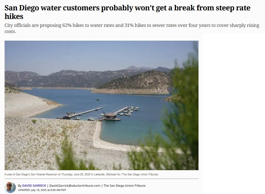 sdcta's tweet image. The cost of living in #SanDiego will increase over the next few years due to higher water rates and a new trash collection fee.
“City officials are proposing 62% hikes to water rates and 31% hikes to sewer rates over four years to cover sharply rising costs for workers, imported…
