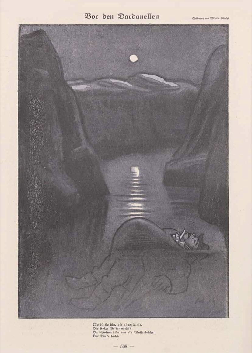 LibraryLost's tweet image. John Bull's body floats in the Dardanelles.
“In front of the Dardanelles
Where did he go, his incomparable,
Proud British forces?
Their bloated corpses swim there
Laughing Turkish soldier."
Simplicissimus Jan. 25, 1916
