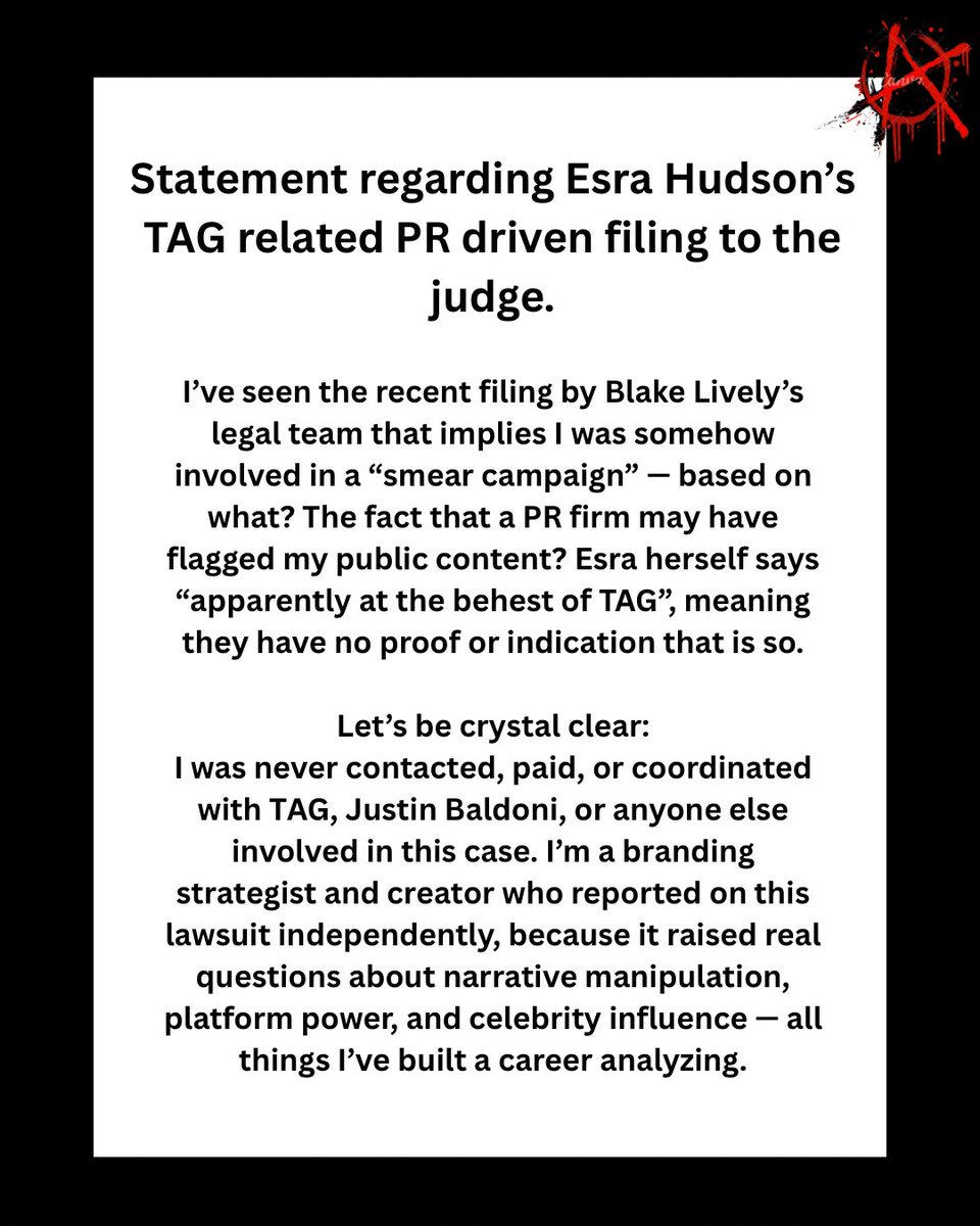 ashleybrianaeve's tweet image. What Esra Hudson did was issue a PR driven statement to the courts which will very likely be followed by a massive PR blitz with legacy media. But she covers it all in “litigation privilege”.
#BlakeLively #justinbaldoni