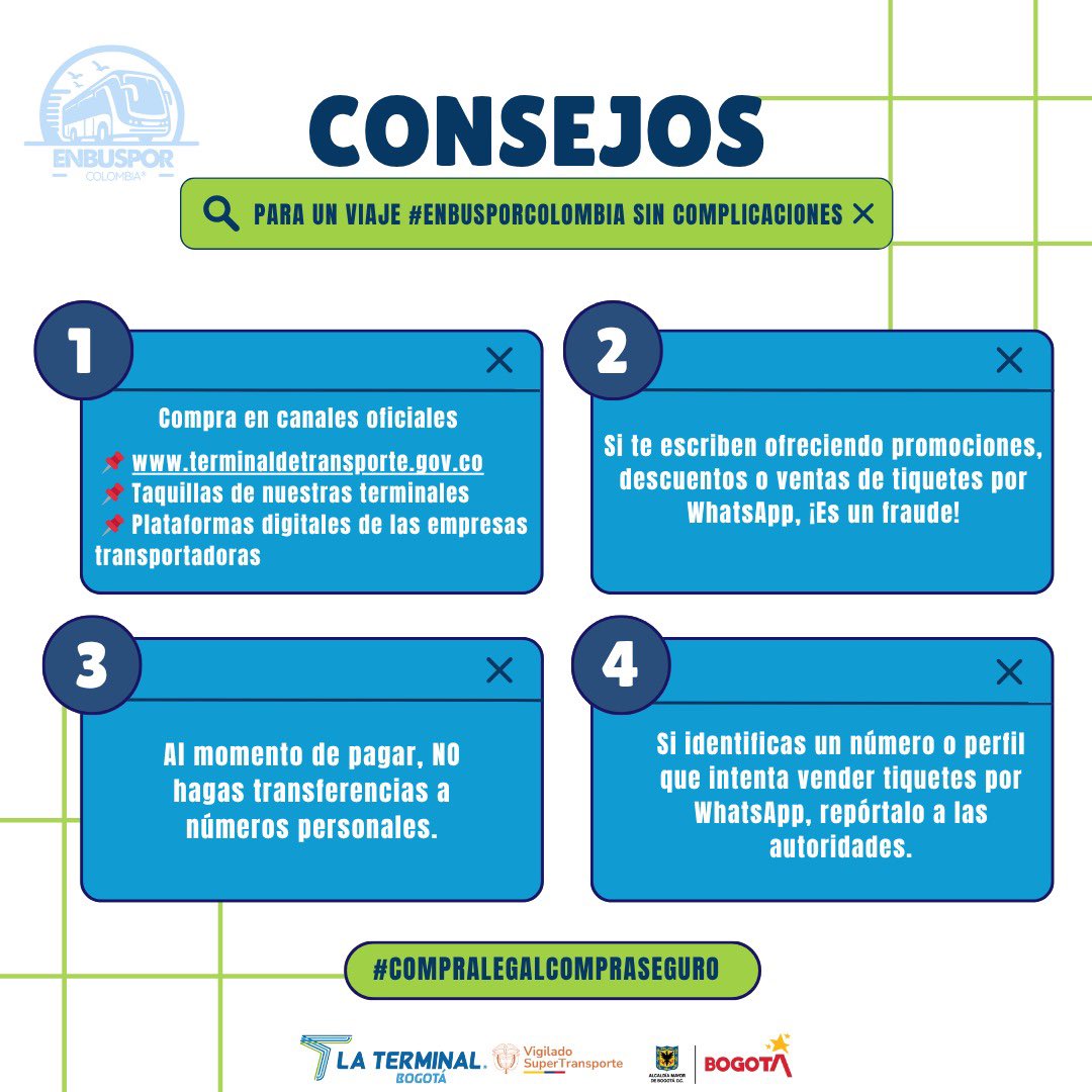TerminalBogota's tweet photo. 🧳 ¿Listo para tu próximo destino? ¡Haz que tu primer paso sea seguro!

🚨Compra tu tiquete solo en canales oficiales:

✅ https://t.co/t7TwZsHlhA
✅ Plataformas digitales autorizadas
✅ Taquillas de nuestras Terminales

🛑 ¡Evita estafas, #CompraSeguroCompraLegal! https://t.co/8Pyl9TkBF0