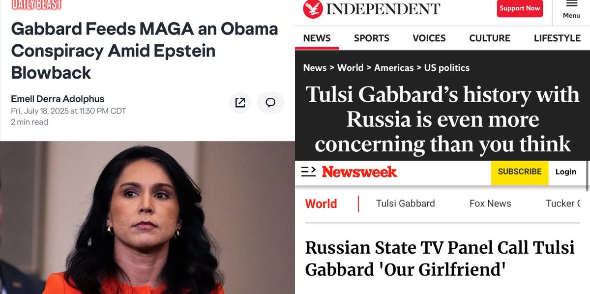 As Trump DNI Tulsi Gabbard tries to distract from his Epstein cover-up by accusing Obama of “treason” over Russiagate (which was never a hoax), maybe some outlets could mention her disturbing ties to Russia, who called her “our girlfriend” on state TV? independent.co.uk/news/world/ame…